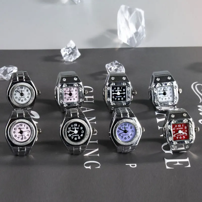 Retro Punk Finger Watch Mini Elastic Strap Alloy Watches Couple Rings Jewelry Vintage Clock Roman Quartz Watch Ring Women Girls