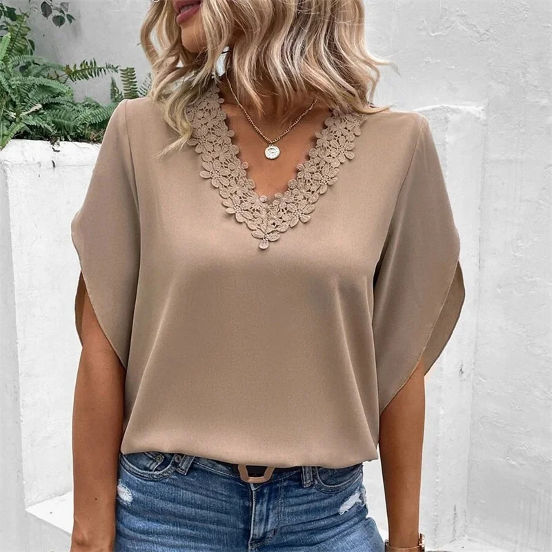 Summer Lace Splicing V Neck Pullover Shirt Female Fashion Loose Flared Sleeve Tops New Street Trendy Solid Color Casual Blouse