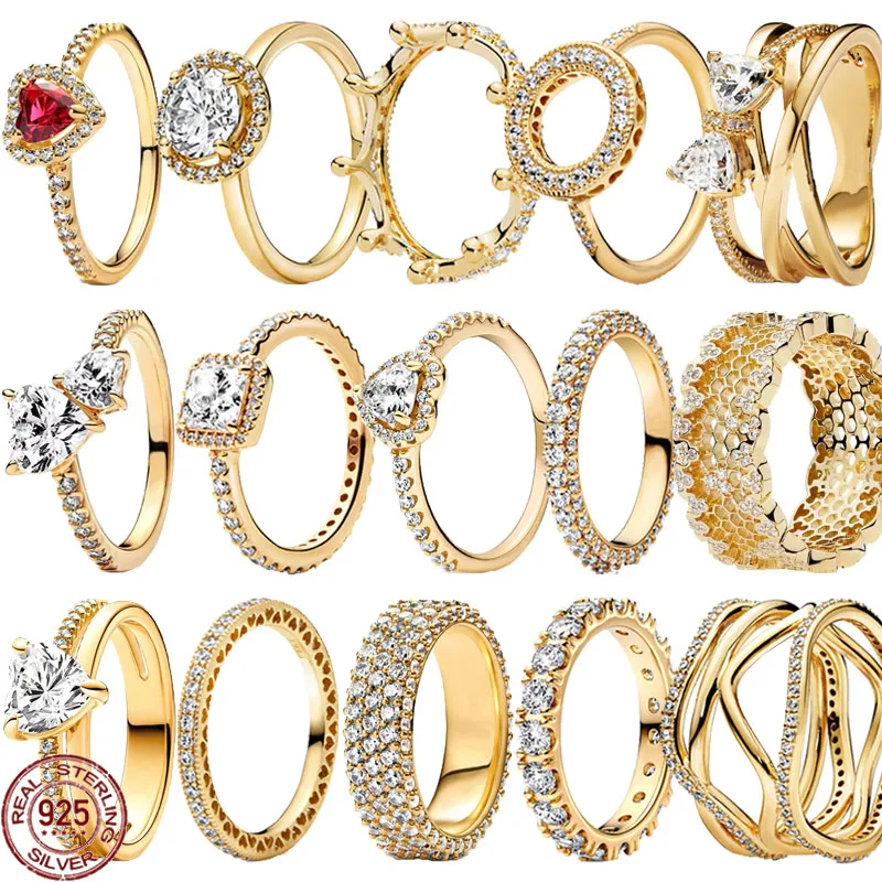 925 Sterling Silver Shiny Classic Gold Color Crown Bow Heart-shaped Rings Women Jewelry Party Gifts gold plated silver ring,silver heart ring,silver ring,silver rings
