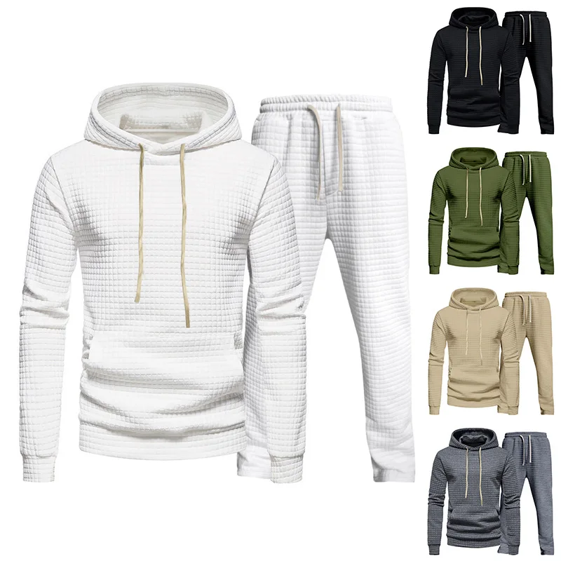 

Autumn Men's Jacquard Small Square Hooded Sweater Trousers Casual Sports Suit