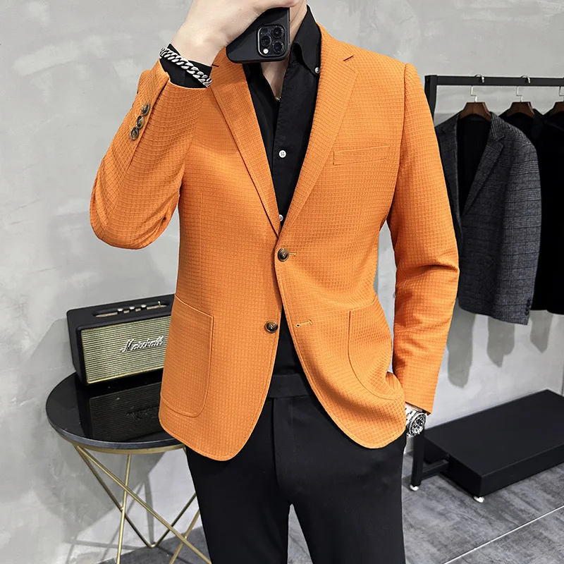 

Blazer Hombre Korean Luxury Clothing Suit Jacket High Quality Fashion Waffle Lattice Blazers For Men Slim Fit Elegant Men's Coat