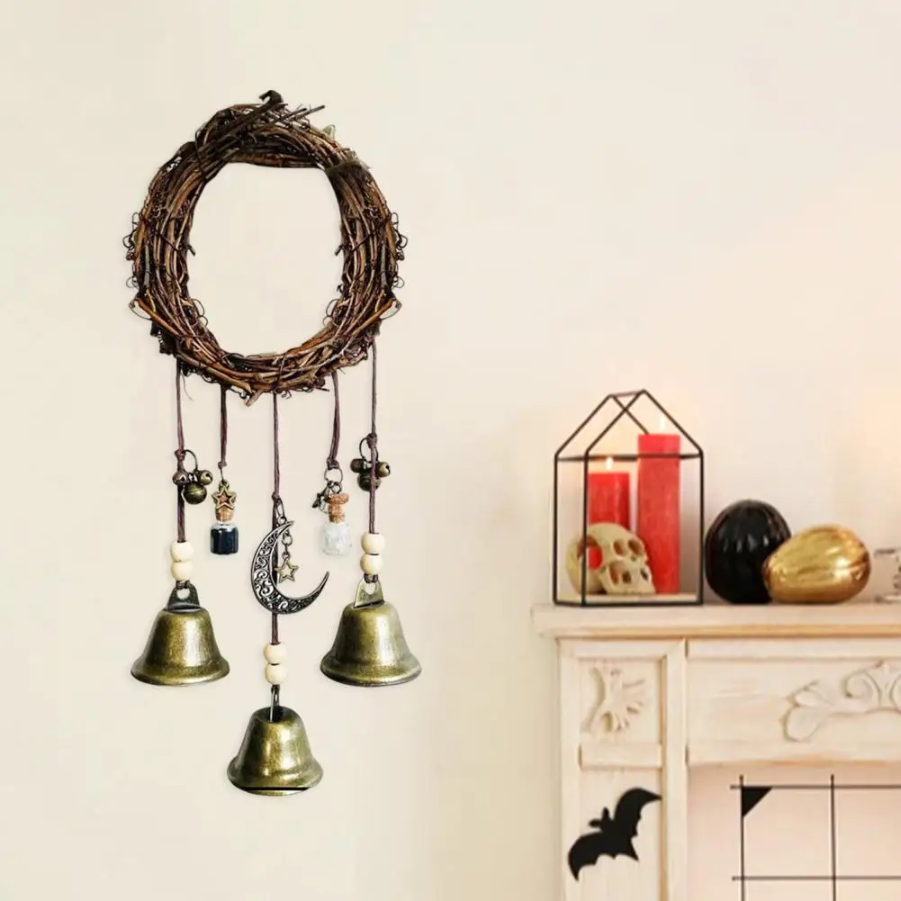 Witch Wind Chime Wiccan Wind Chime Handmade Brass Bell Witchcraft Door Hanger with Wishing Bottle Rattan Wreath Home for Wicca 5
