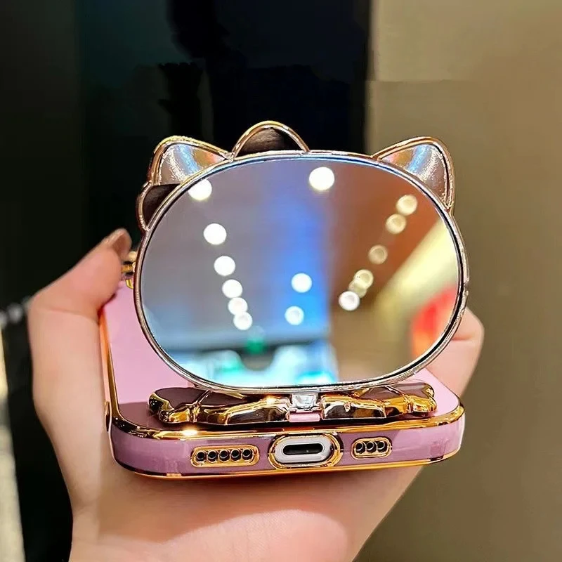 Luxury Cute Rabbit Makeup Mirror Phone Holder Case for Girls & Women - Stand Cover