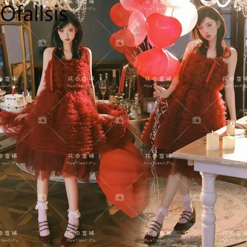 

Ofallsis Party Birthday Pictorial Style Photo Red Wedding Dress 2023 Summer Vintage Fairy Sweet Art Photo Photography Dresses