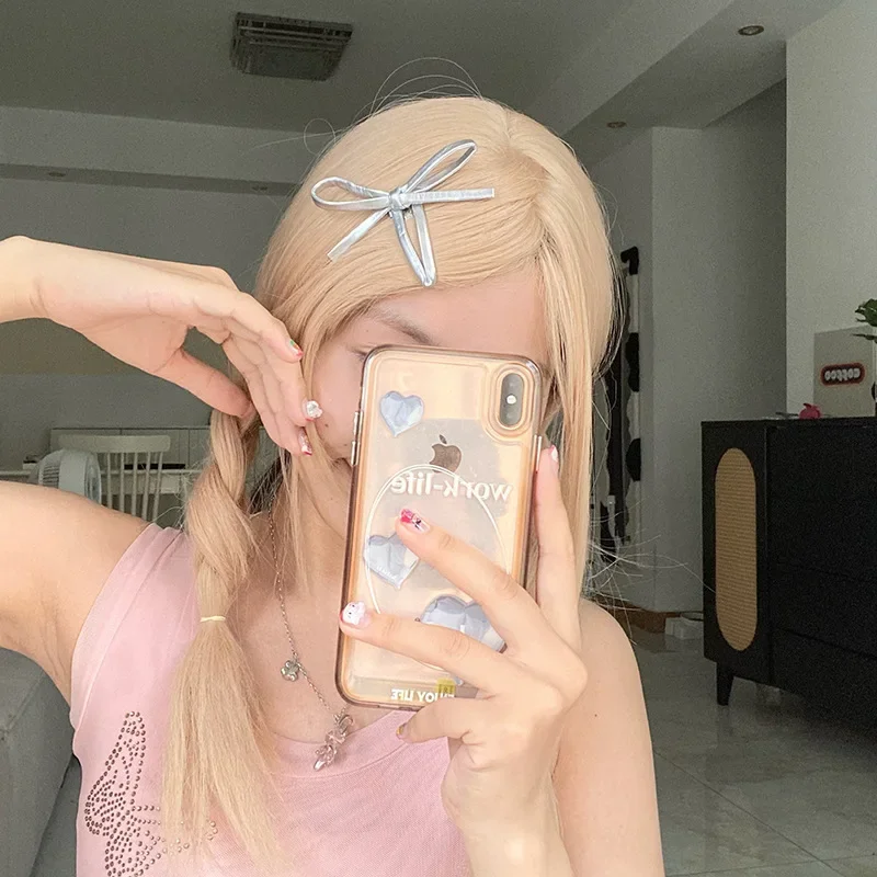 

Korean Trendy Silver Leather Bowknot Snap Clips Y2k Barrettes Girls Charm 2023 New Hairpin Headdress Hair Accessories for Girls