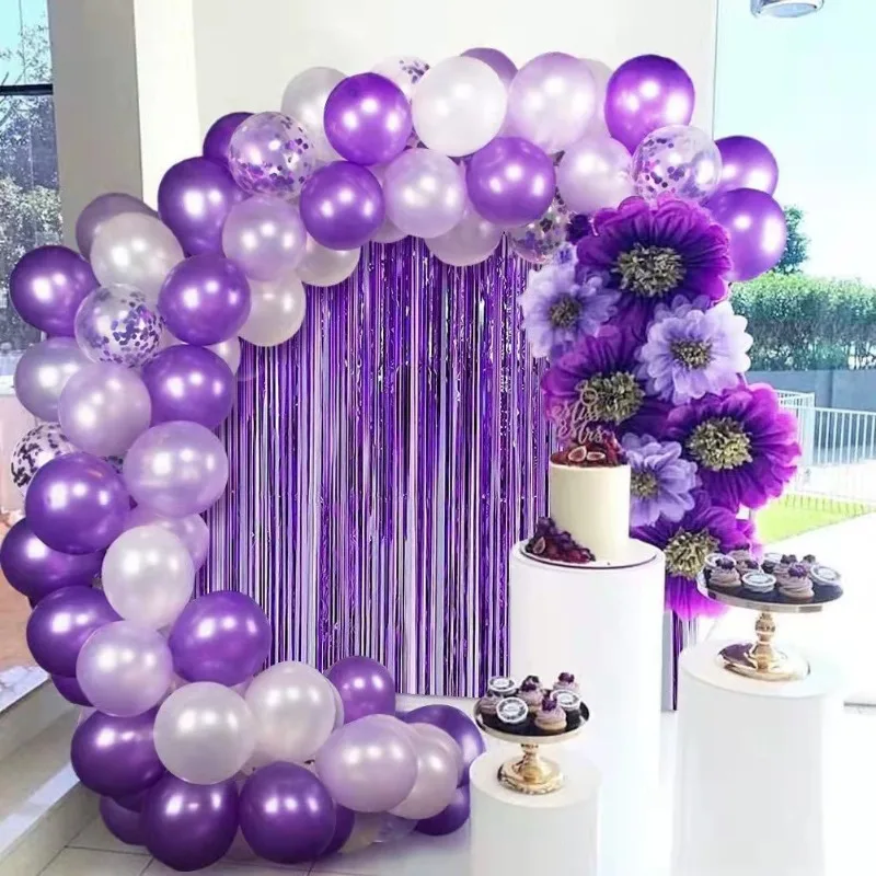 

Purple Balloons Garland Arch Kit Metal Foil Tinsel Fringe Curtains Party Backdrop for Wedding Birthday Graduation Party Decor