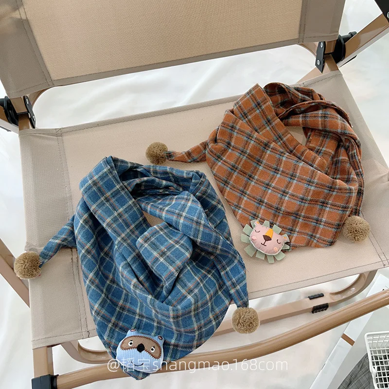 Cute Bear Checkered children's Triangle Scarf Autumn Winter all-match Boys And Girls Headscarf Cotton Scarf Children 24W014 winter accessories