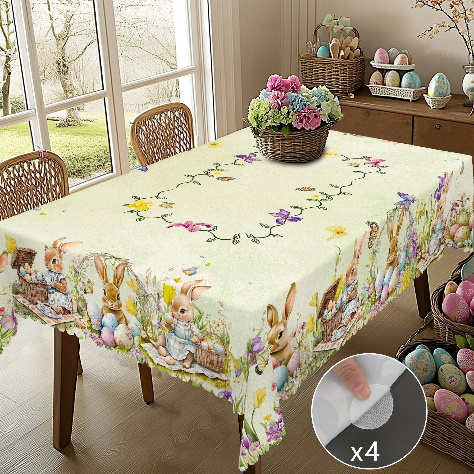 1 Easter Round Tablecloth, 5 Sizes Available, Tulip Easter Bunny Egg Garden Printed Square Tablecloth, Edge Embossing Process, Spring Garden Tablecloth Decoration, Tablecloth for Daily Home Kitchen, Terrace Use, Decoration