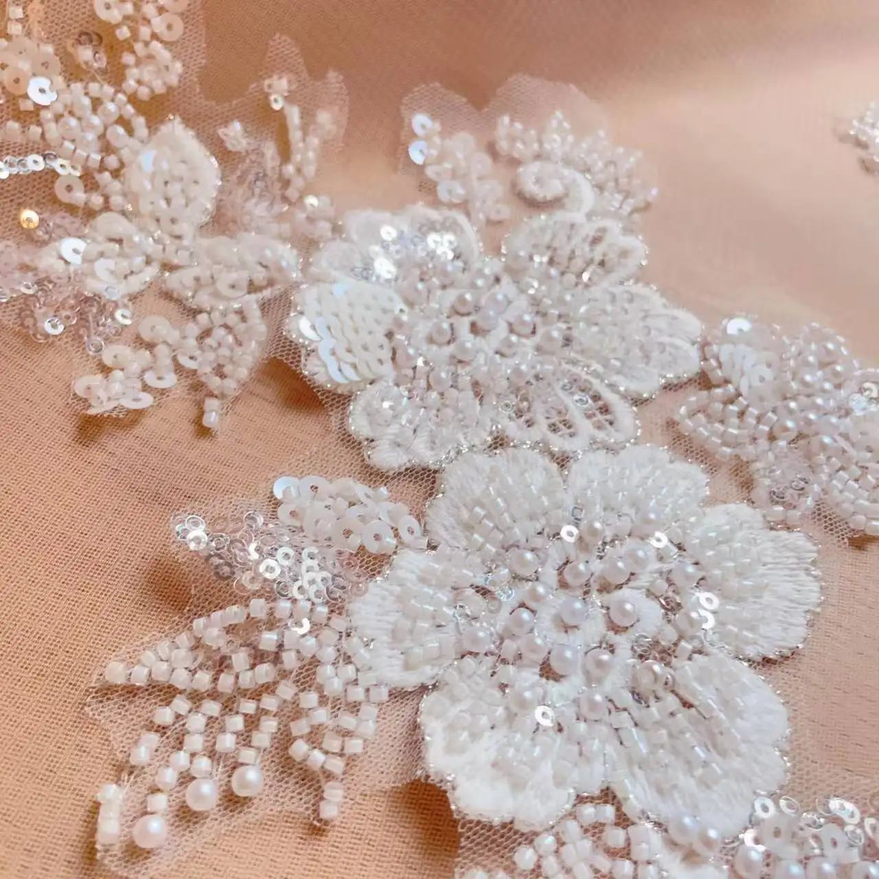 Elegant Pearl Embroidered Glitter Floral Lace Decoration