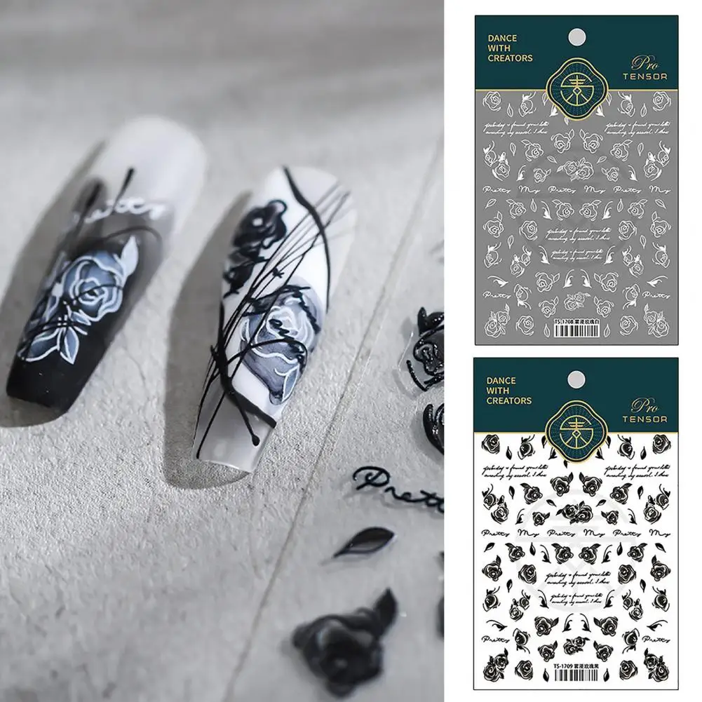 

1 Sheet Beautiful Thin White And Black Rose Disposable Nail Decals Nail Accessories Nail Decoration Nail Decoration