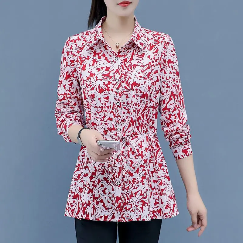 Commute Broken Flowers Printed Shirt Spring Autumn Long Sleeve Stylish Drawstring Bow Women's Clothing Single-breasted Blouse