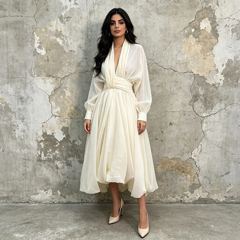 2026 Neuer Sanfter und Süßer Stil Langes Kleid mit Tiefem V-Ausschnitt, Laternenärmeln, Überkreuzter Taille und Vollem Rock Vestidos De Mujer