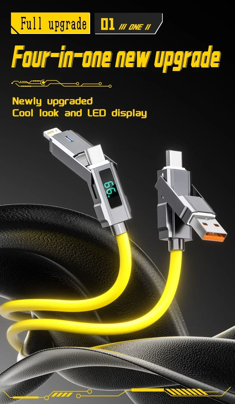 4 in 1 USB C Data Cable Digital Display Silicone for Iphone PD 66W Zinc Alloy Fast Charging Cable Line Type C with LED Design