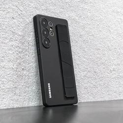 Liquid Silicone Wrist Strap Phone Case - Ultra Thin Hard PC Back Cover with Wristband - Galaxy S23 Ultra (Black)