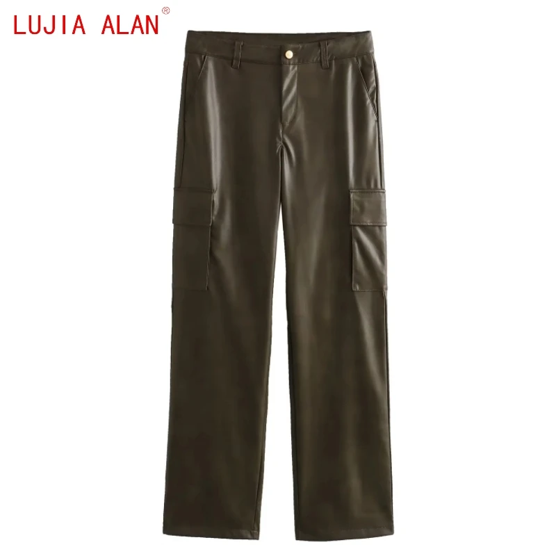 

Autumn New Women Patch Pocket PU Leather Overalls Pants Female Casual High Waist Loose Trousers LUJIA ALAN P5201