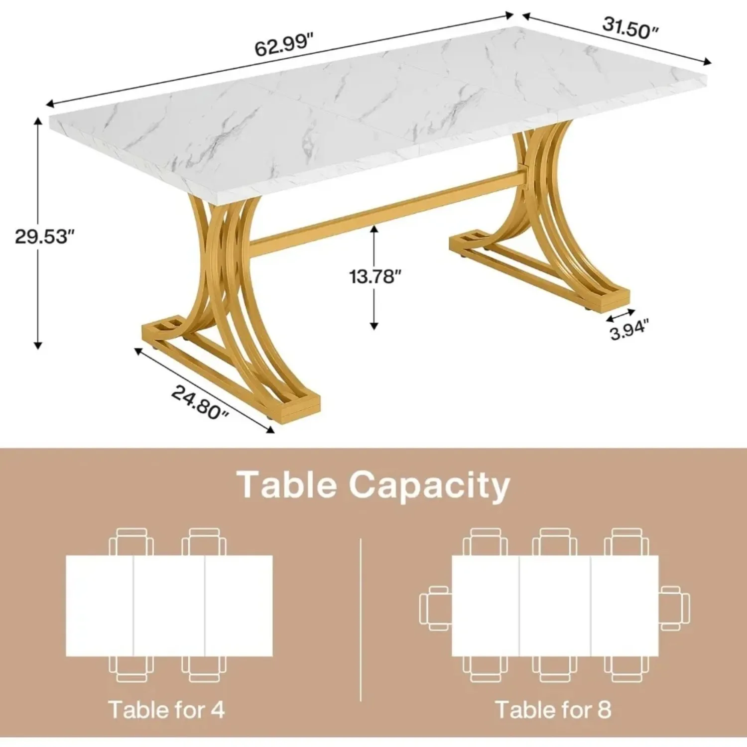 63-Inch Reangular Dining Table for 4 to 6, Modern Kitchen Table with Stylish Metal Legs, Large Dinner Tables for Dining Room 2
