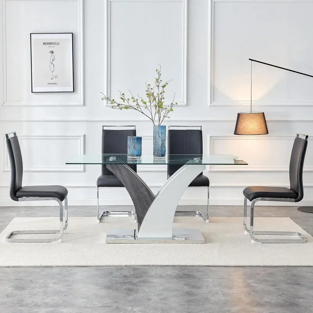 63 Inch Dining Table and Chairs dining table chair combination, Modern Dining Table with 4 Leather Chairs, Tempered Glass Top, Glass Dinings Tables Set