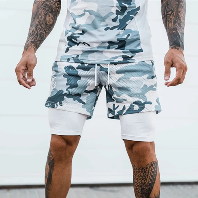Summer printing Breathable 2 In 1 Shorts Men gyms Fitness Running Shorts Quick Dry Male Shorts mesh Bodybuilding Short Pants