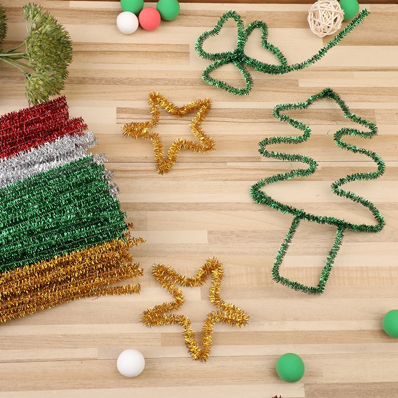 Chenille Craft Supplies 100Pcs Glitter Chenille Stems Rod Wool Root Fluffy Twist Sticks Plush Tinsel Stems Wired DIY Craft Supplies Toys