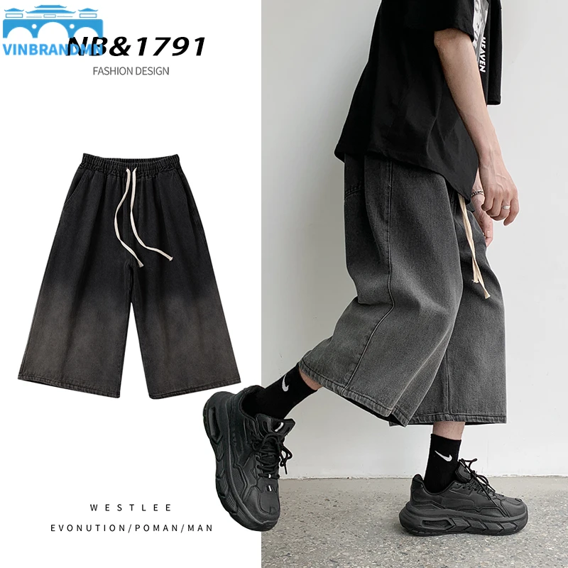 

Vinbrandmn Summer Gradient Jeans Shorts Male Calf Length Trousers Denim Elastic Waist Short Jean Mens Oversized Black/Blue S-2XL