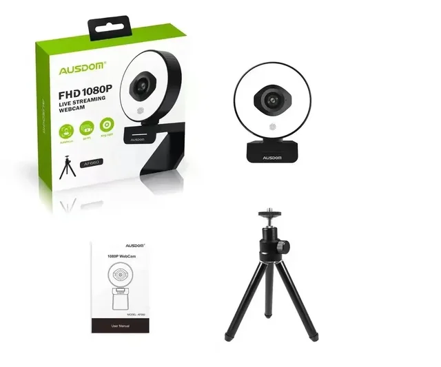 S~AF660 AUSDOM FHD 1080P 60FPS Webcam Autofocus 75 Degree Stream Cam With Adjustable Right Light Free Tripod For Live Streaming