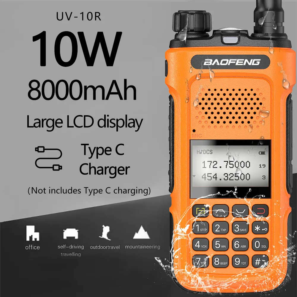 Портативная рация BaoFeng UV 10R 10 Вт, высокомощная Водонепроницаемая радиостанция, приемопередатчик, улучшенная версия UV5R, двухстороннее радио