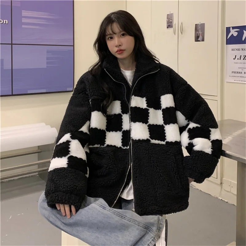 

Winter Tooling Harajuku Turtleneck Keep Warm Thicken Lambswool Jacket Vintage Zipper Checkerboard Black Cotton Clothes Coat