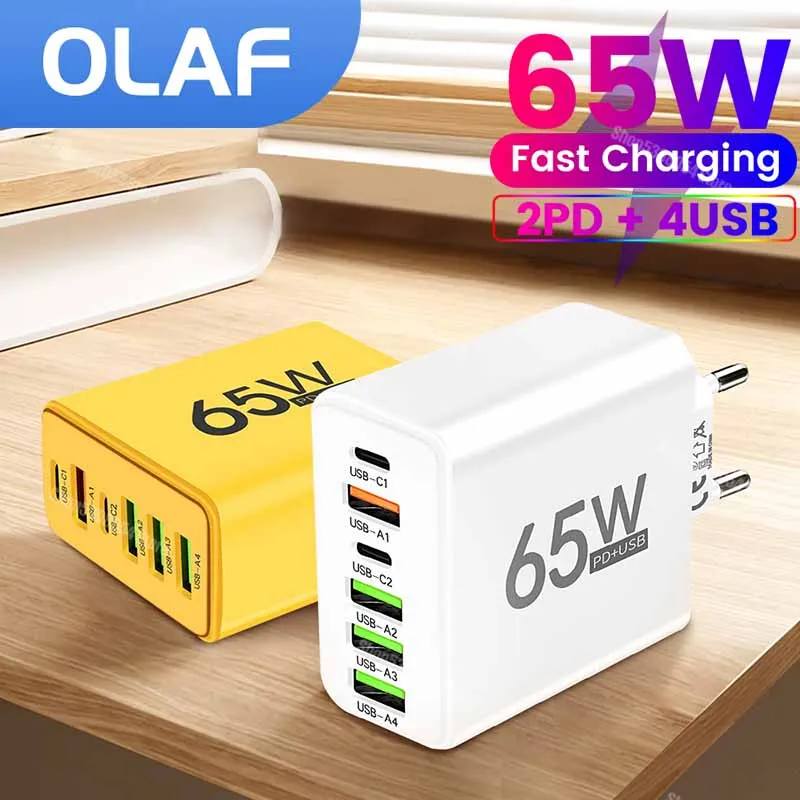 

65W 6 Ports USB Type C Charger For iPhone 15 14 Xiaomi Samsung Huawei Quick Charge 3.0 PD Fast Charger Type C USB Power Adapter