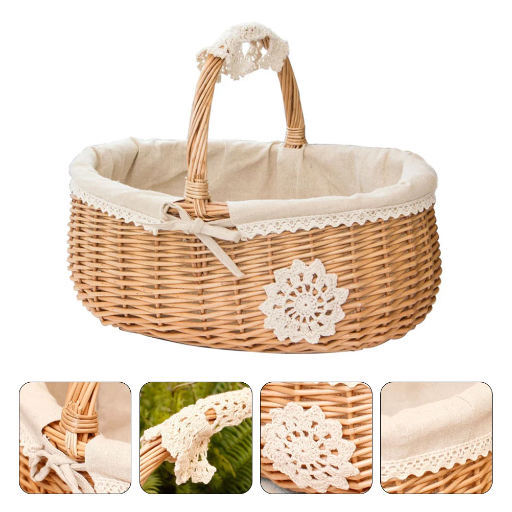 Wicker Storage Basket Metal Shopping Fruit for Kitchen Picnic Foldable Woven Decorative Tray 6