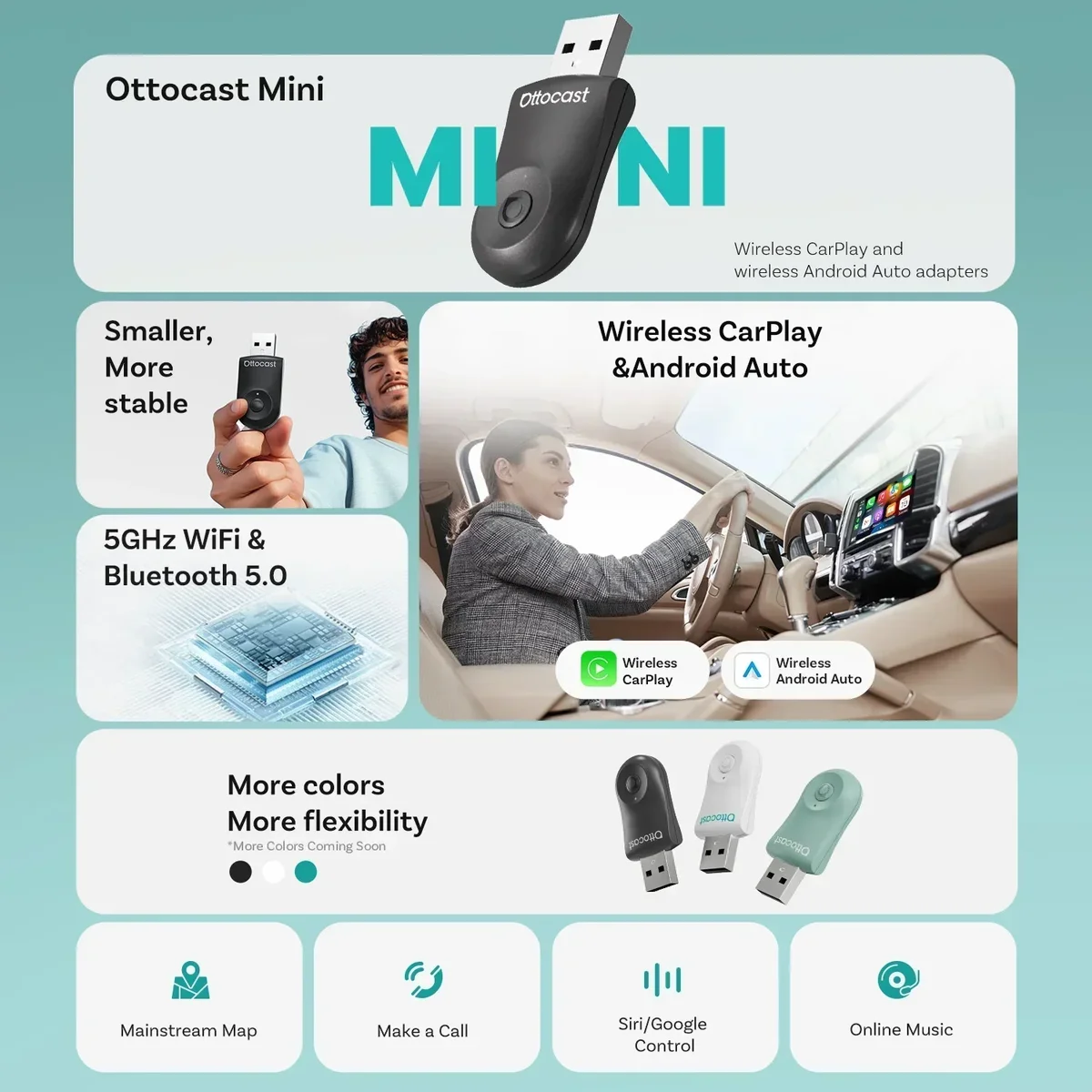OTTOCAST MINI 2 in 1 Wired to Wireless CarPlay Android Auto Adapter USB Stick Wifi Car Accessories for VW Benz Audi Kia Toyota — view 3