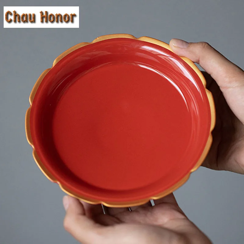 Boutique Palace Red Art Ceramic Kungfu Tea Tray Pot Bearing Household Chinese Style Porcelain Food Fruit Snack Plate Accessories