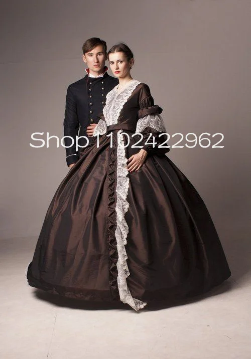 Brown Histical Precision Reincarnated Prom Dresses Fairy Puffy Manica Lunga Pizzo Increspato Elizabeth Tudor Abito Da Sera