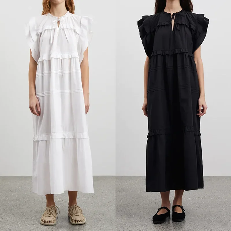 

Women's Midi Dress 2023 New Cotton Ruffles Trim Lace-up Loose Sweet Fashion Flying Sleeve Robe