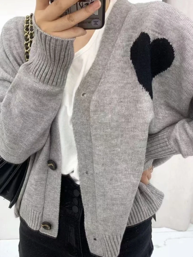 여성용 하트 모양 긴 소매 크롭 가디건, 가을 레저, 고급 우아한 여학생 데일리 배기 니트 의류, 패션