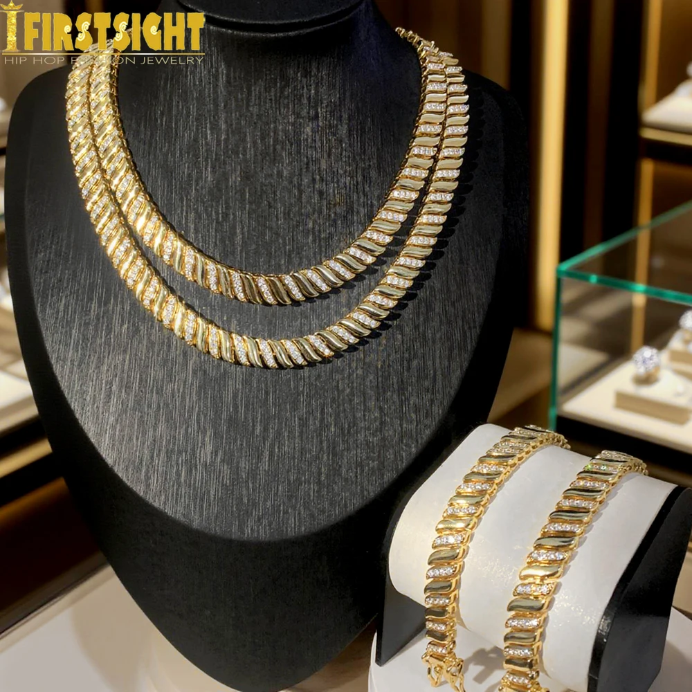 2025 New Gold Color Herringbone Snake Chain Bracelet Necklace 10mm CZ Stones Choker Hop Hip Rapper Fashion Women Jewelry Set 1