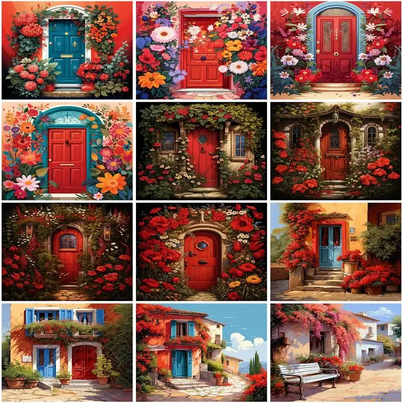 

GATYZTORY Painting By Numbers Flower Red Door DIY Picture Paint By Number Home Decor Drawing On Canvas HandPainted Art Gift
