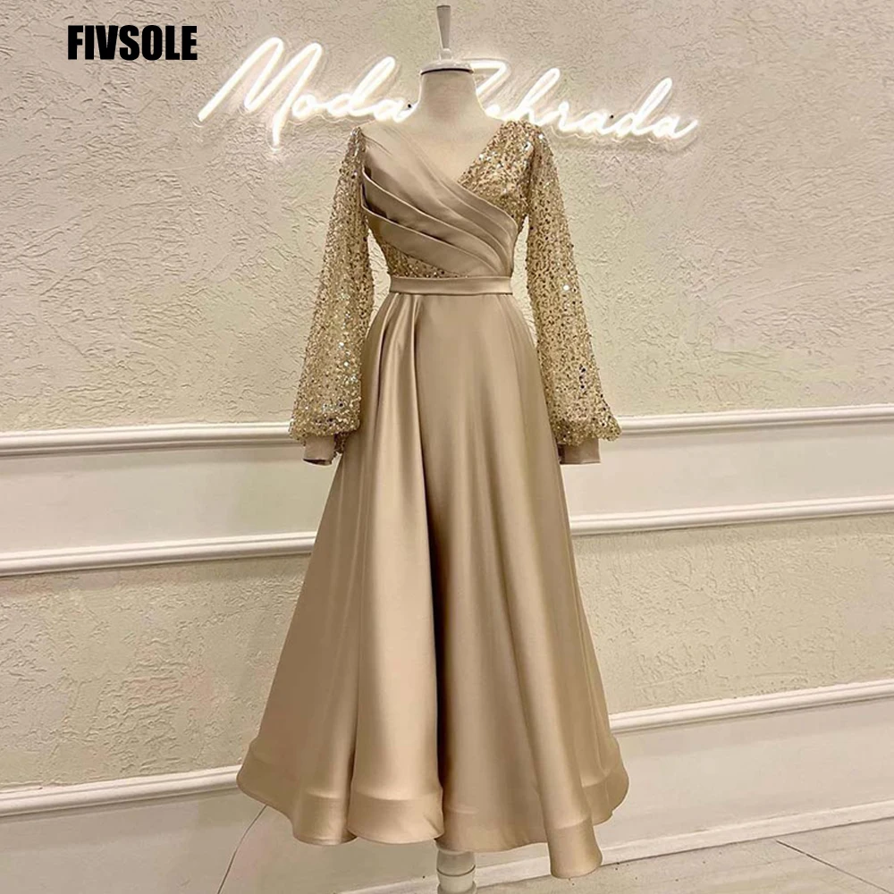 

Fivsole V-neck Satin Saudi Arabia Prom Dresses Glitter Sequin Long Sleeves A-Line Party Gowns Vestidos De Noche Robes De Soirée