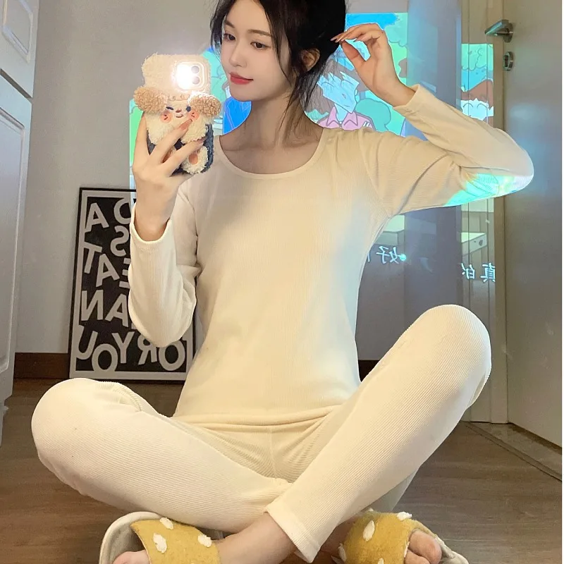 Foply Women Pajamas Set Velvet Thermal Underwear Knitted Cotton Female Homewear Winter Thermo Underwear Warm Suit Underwear Sets