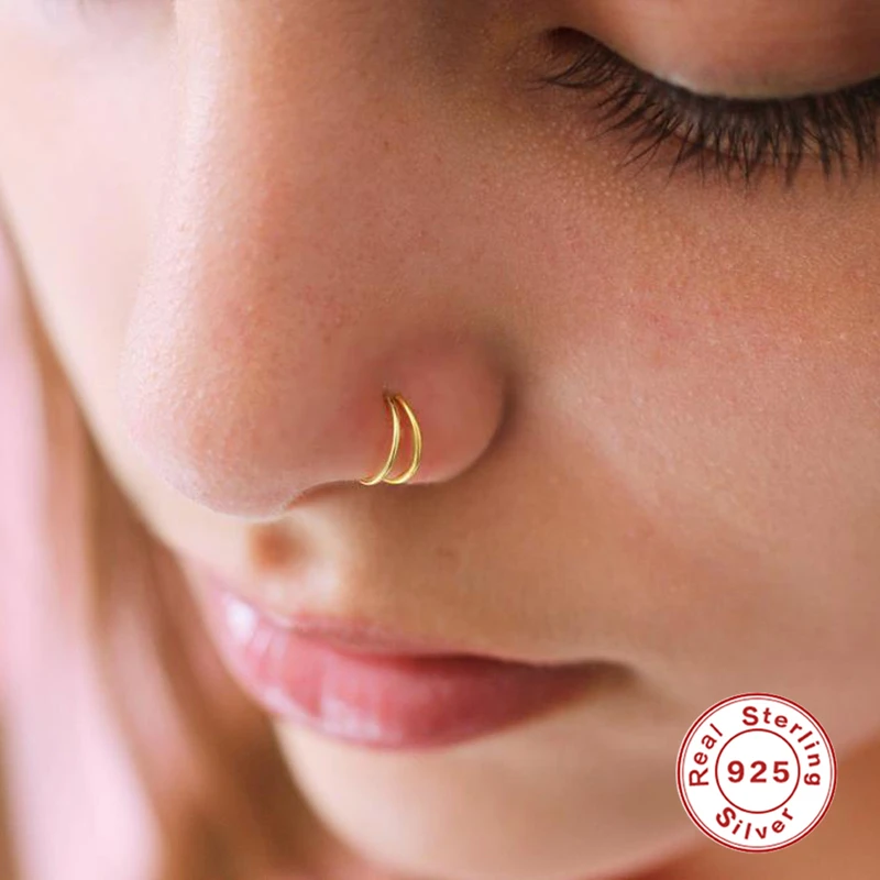925 Sterling Silver Double Circle Nose Rings For Women Girls Small Open Hoop Ring Type Piercing Cartilage Stud Body Jewelry nose piercings