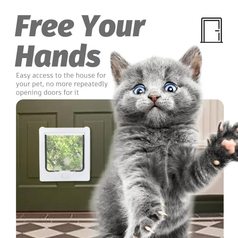 Cat Flap Door with 4 Way Security Lock Controllable Switch Transparent ABS Plastic Gate Puppy Kitten Safety In&out Pet Doors Kit