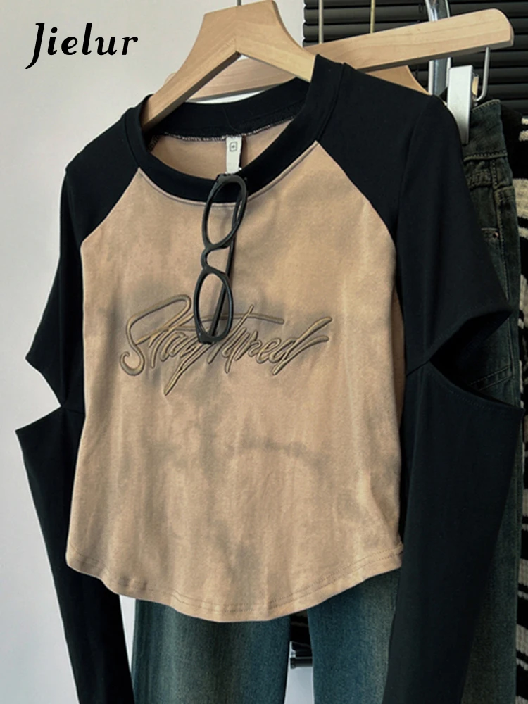 

Jielur O-neck Vintage Sexy Hollow Out Female T-shirts Long Sleeve Spell Color Letter Print Fashion Women's Blouses Office Lady