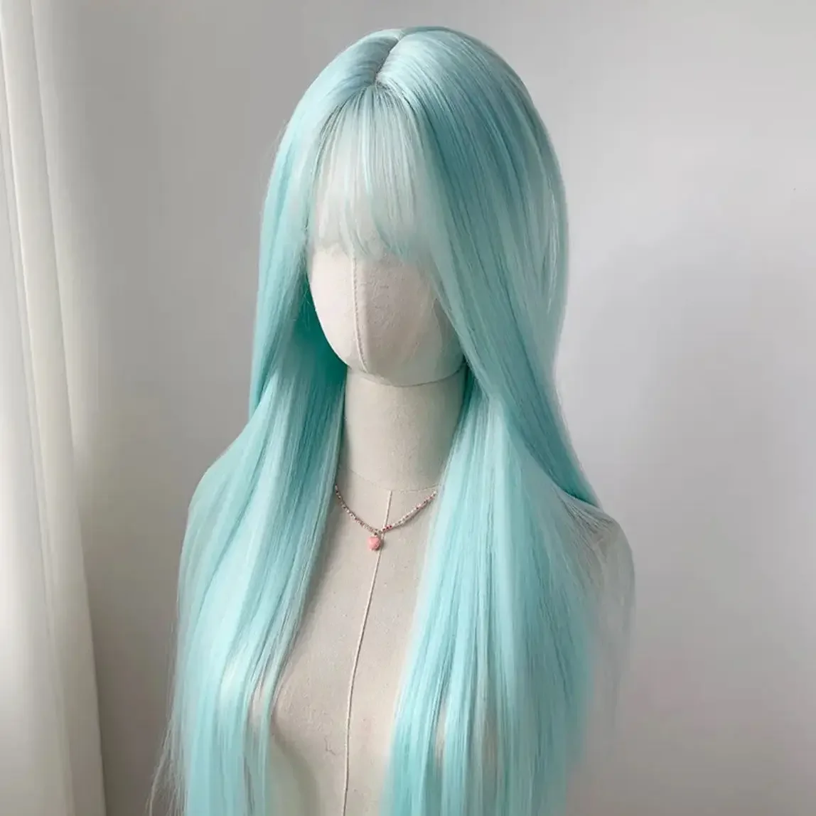 2024New Mint Blue Green Fore Lace Long Straight Hair Center  display picture 2