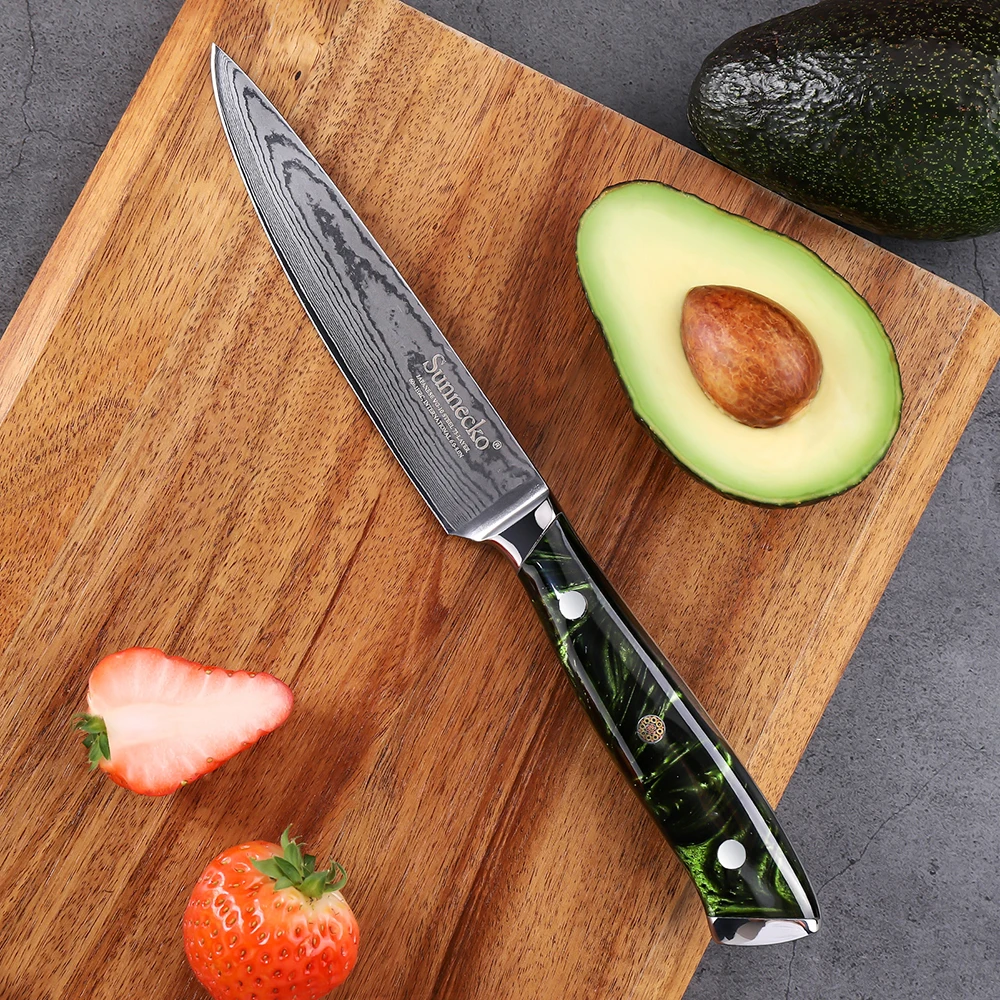 

Sunnecko 5 Inch Utility Paring Knife Ultra Sharp VG10 Core Damascus Steel Blade Cut Vegetable Fruit Slicing Tools Resin Handle