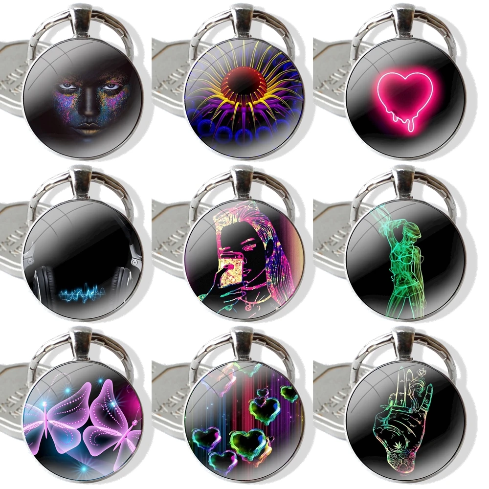 

Брелок ручной работы, стеклянный кабошон, брелок для ключей, подвеска, цепочка для ключей, неоновая девушка, 3d обои, классические