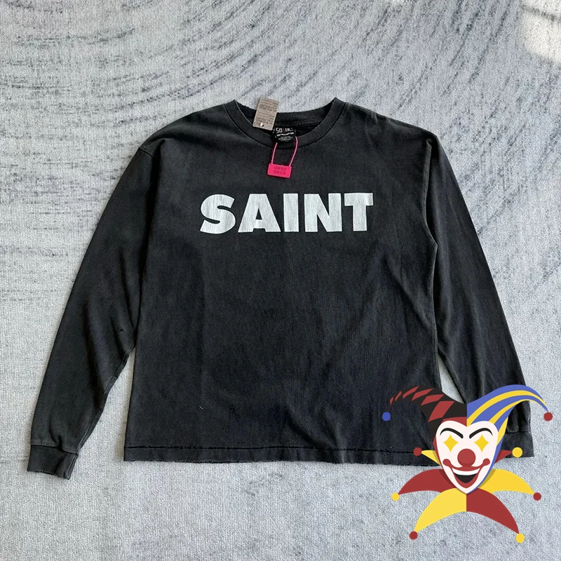 

Винтажная промытая Черная Футболка Saint с длинными рукавами для мужчин и женщин, Классическая футболка большого размера с принтом трещин и логотипом