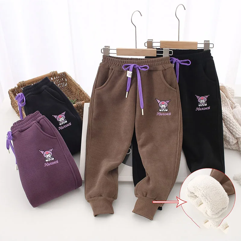 

Kawaii Sanrio Children Trousers Kuromi Cute Anime Figure Plush Embroidery Thickened Athletic Casual Sweatpants Toys Funny Gift