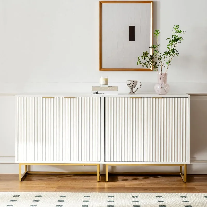 Fluted Storage Cabinet Set of 2, Sideboard Buffet Cabinet Modern Accent with Adjustable Shelves, Credenza, Console Table