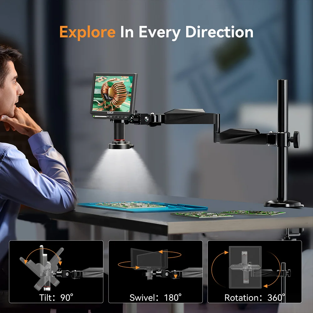Elikliv EM4K Flex 4K Digital Soldering Microscope 2000X 10.1" HDMI Microscope for Electronics with Boom Arm Stand Ring Light 3