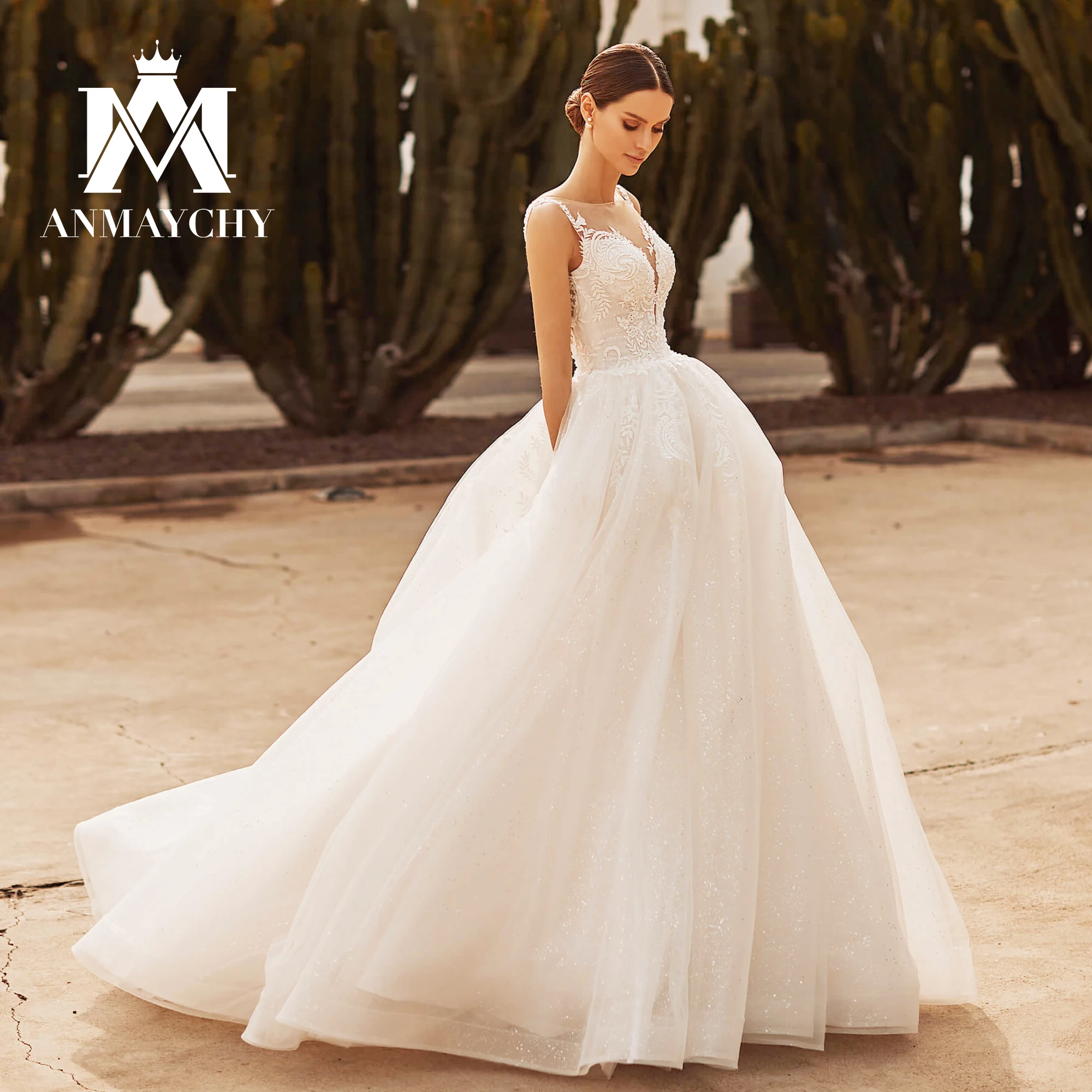 

ANMAYCHY A-Line Wedding Dresses For Women 2023 Pearls Appliques Backless Sweetheart Romantic Lace Wedding Gown Vestidos De Novia