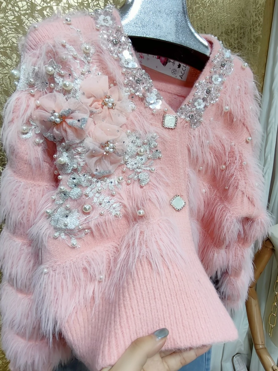 Heavy Industry Pearl Large Flower Beaded Sequin Pink Sweater